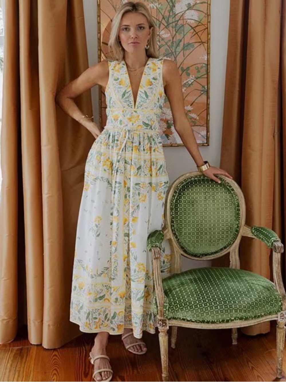 Antonio Melani Style by Simkins Hannah Yellow Floral Print Maxi Dress Belted NWT